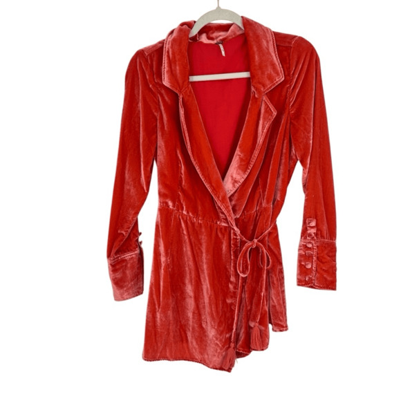 Free People Viola Velvet Romper Size S Orange Long Sleeve Tassels Boho Festival - Picture 2 of 15